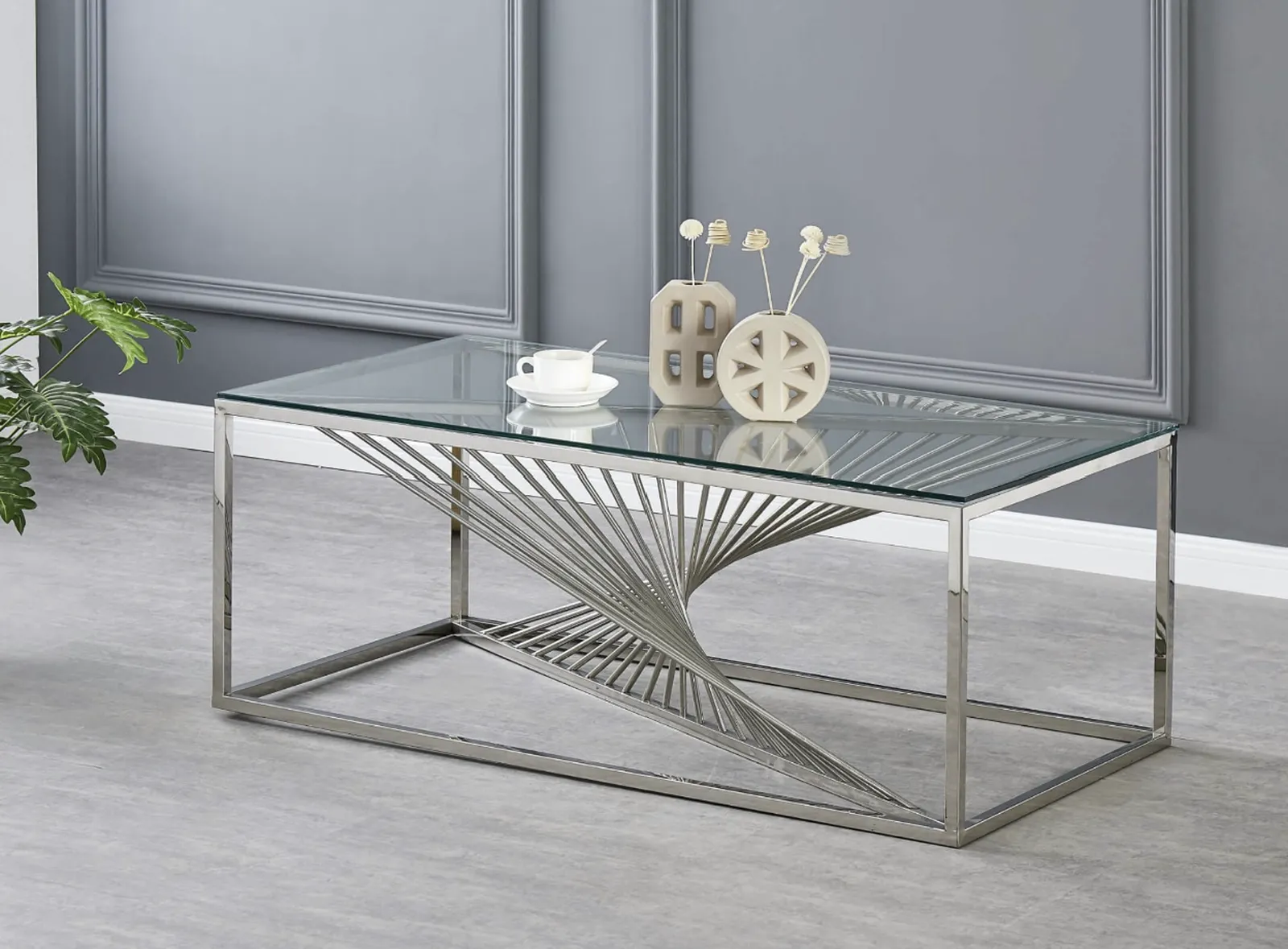 Vista Clear Glass Coffee Table – Silver Stainless Steel Modern Coffee Table
