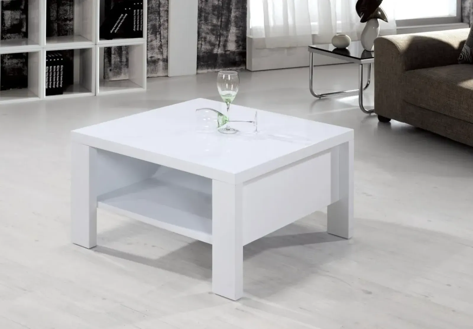 Peru Square High Gloss Coffee Table – White Modern Coffee Table with Storage Shelf