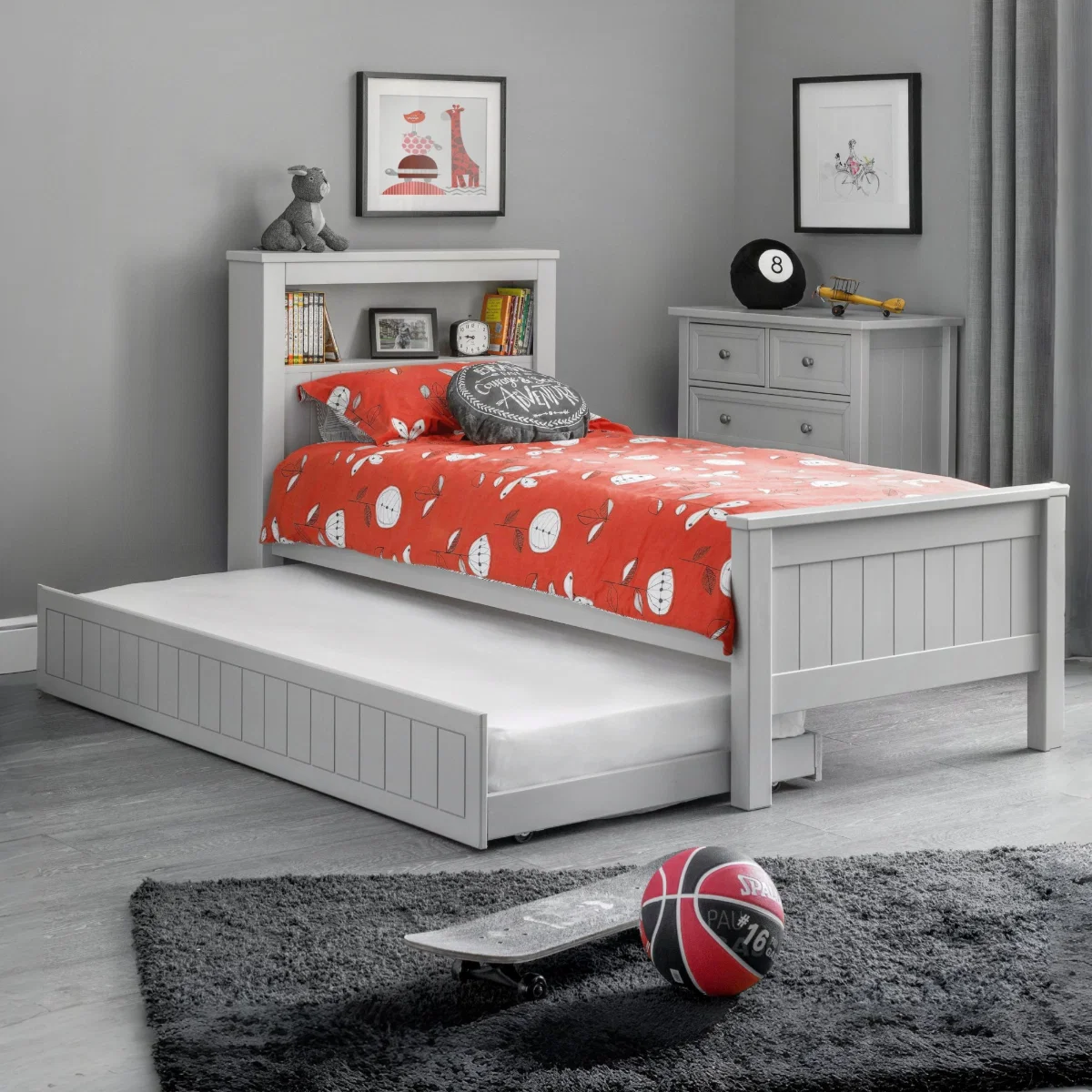 Maine Dove Grey Bookcase Bed with Pull-Out Trundle | Wooden Single Guest Bed with Bookcase Headboard