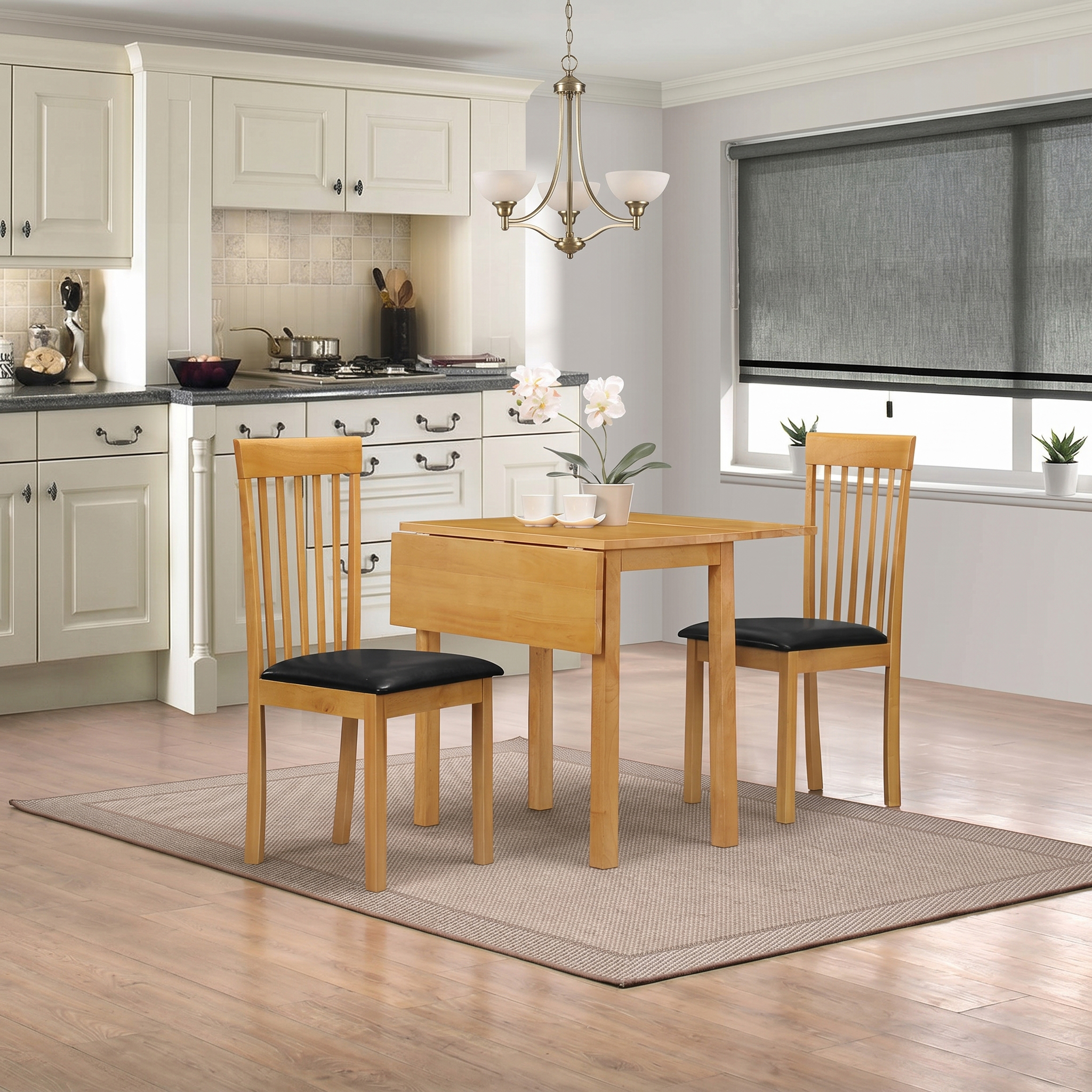 Atlas Solid Rubberwood Drop Leaf Dining Set with 2 Black PU Dining Chairs