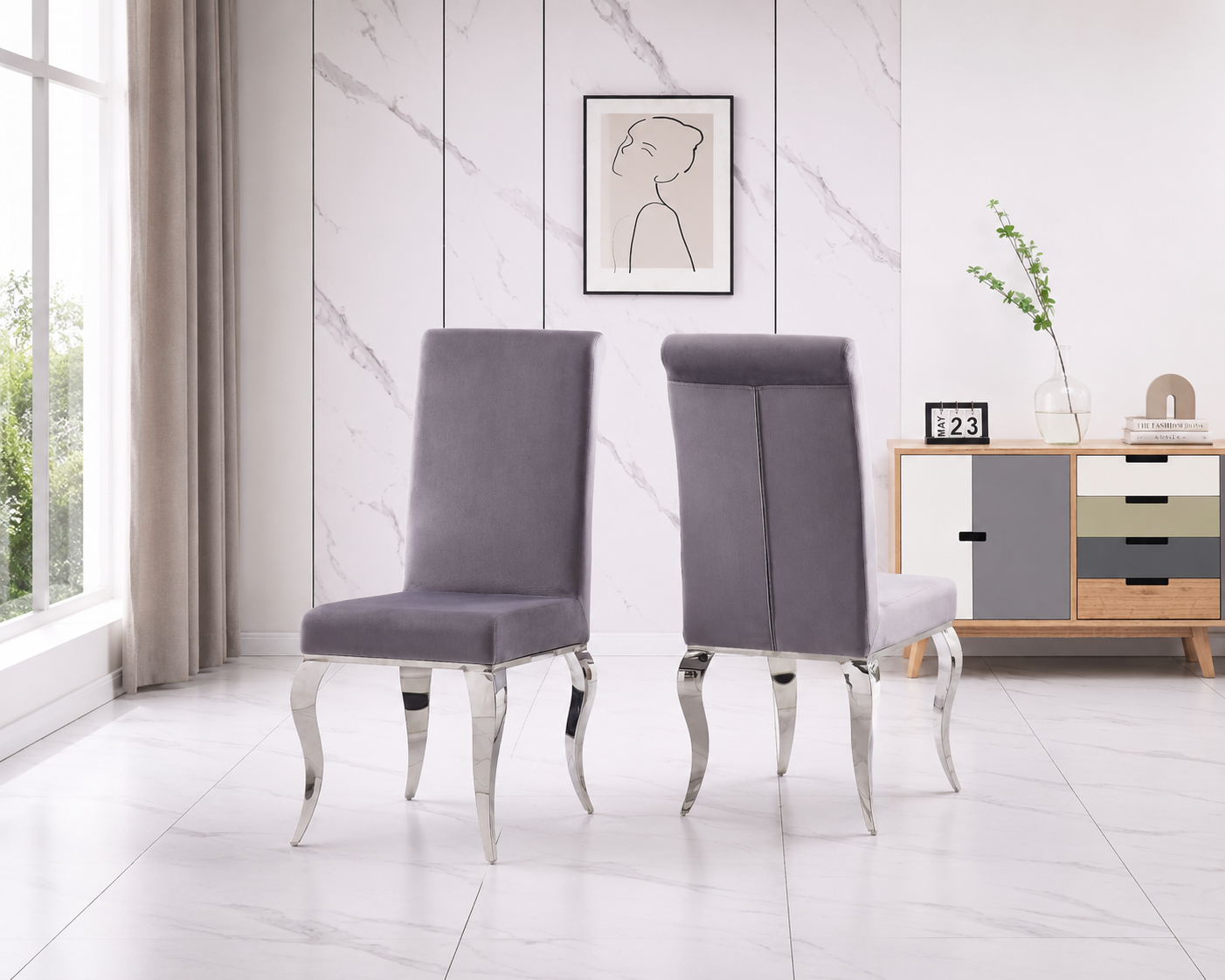 Atlanta Grey Velvet Dining Chairs with Stainless Steel Legs – Sets of 2, 4 or 6