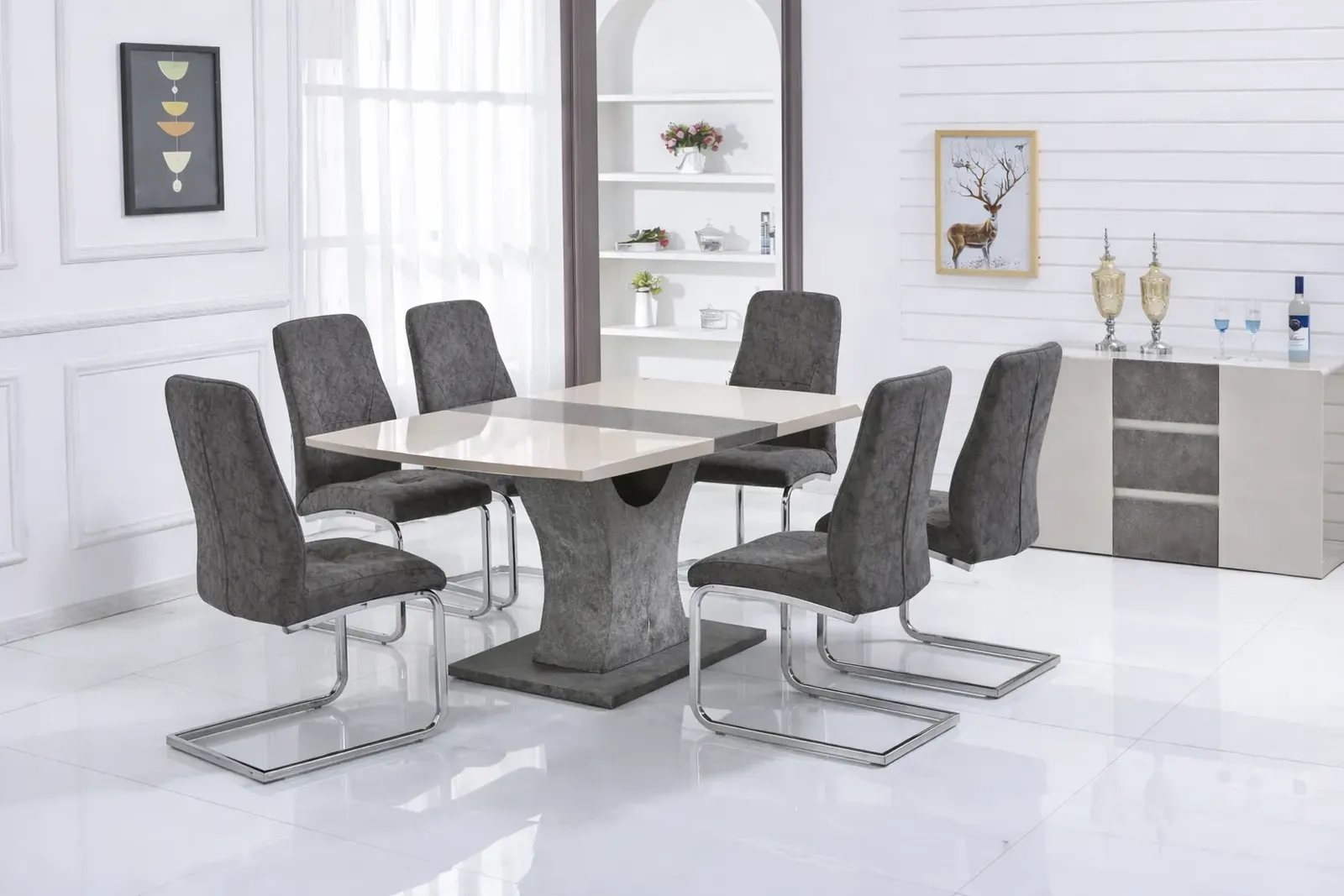 Belarus 140-180cm High Gloss Extending Dining Table with 6 Grey Patterned PU Chairs - 6 Seater Dining Set