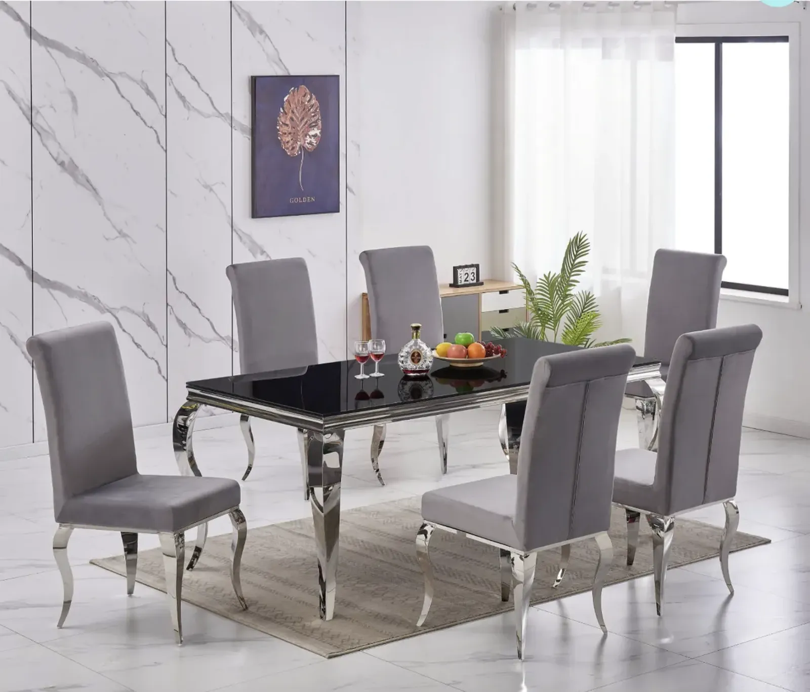 Atlanta 180cm Black Glass Dining Table & 6 Grey Velvet Chairs - 7 Piece 6 Seater Dining Set