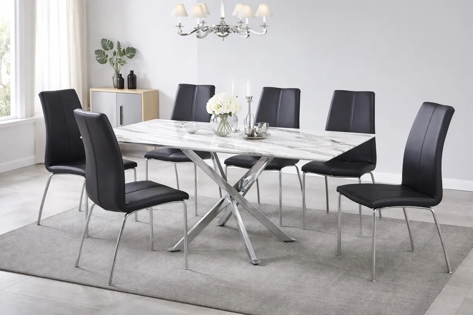 Scimitar Marble Effect Glass Dining Table with 6 Black PU Dining Chairs