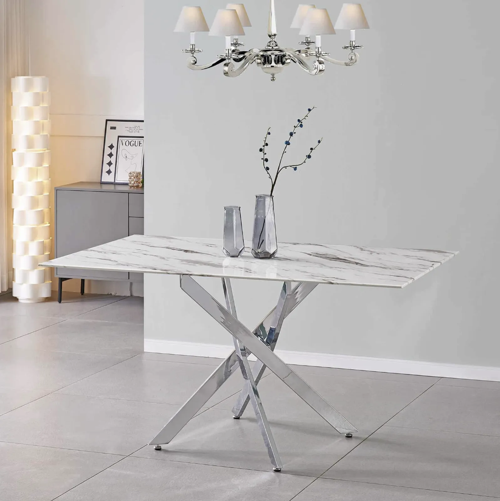 Scimitar 160cm Marble Effect Glass Dining Table with Silver Legs - 6 Seater Rectangular Dining Table