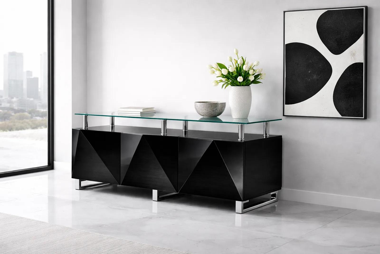 Rowley High Gloss Sideboard – Modern 3 Door Sideboard, Storage Cabinet, White or Black Sideboard