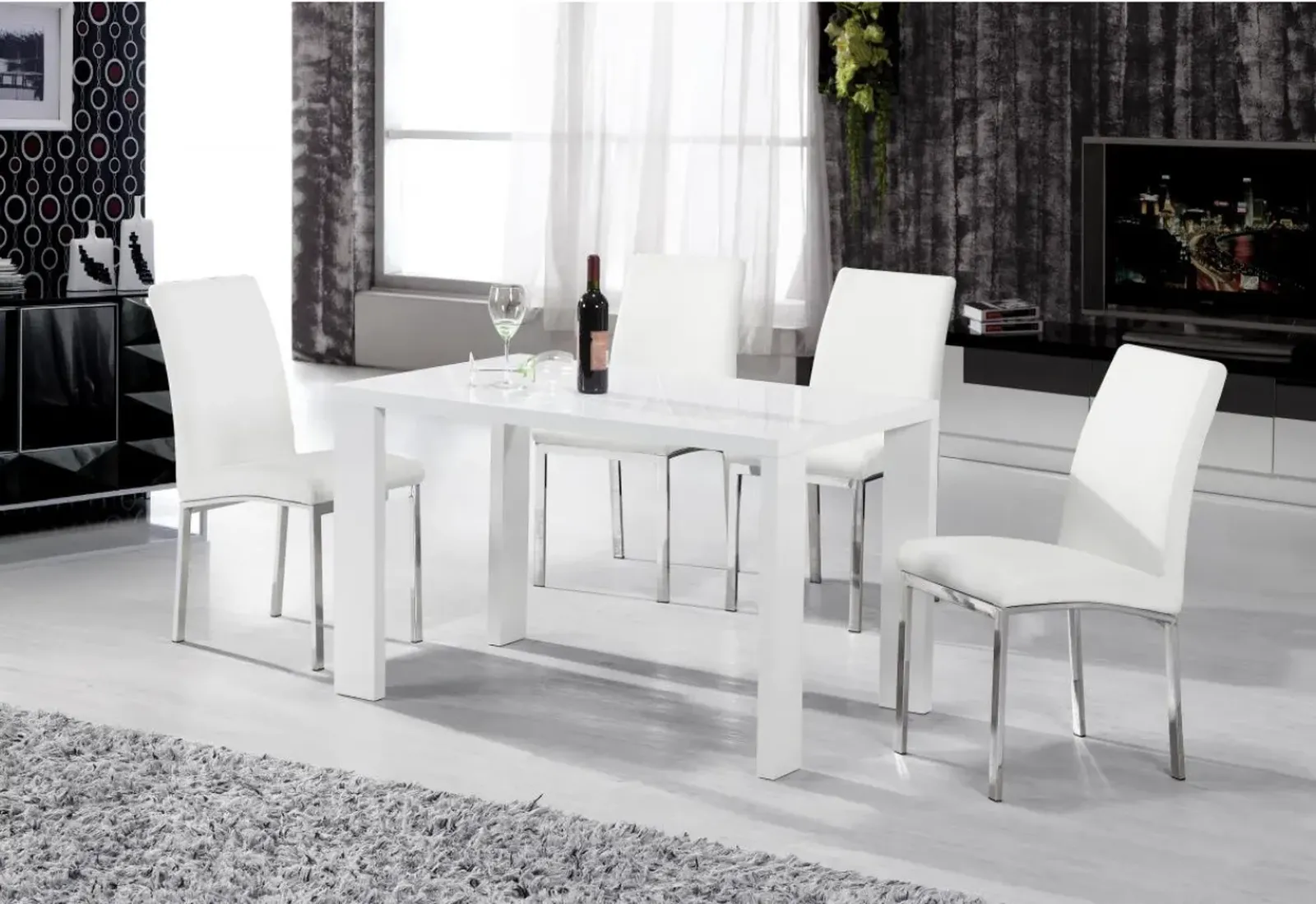 Peru White High Gloss Dining Table with 4 PU Chairs – 4 Seater Dining Set
