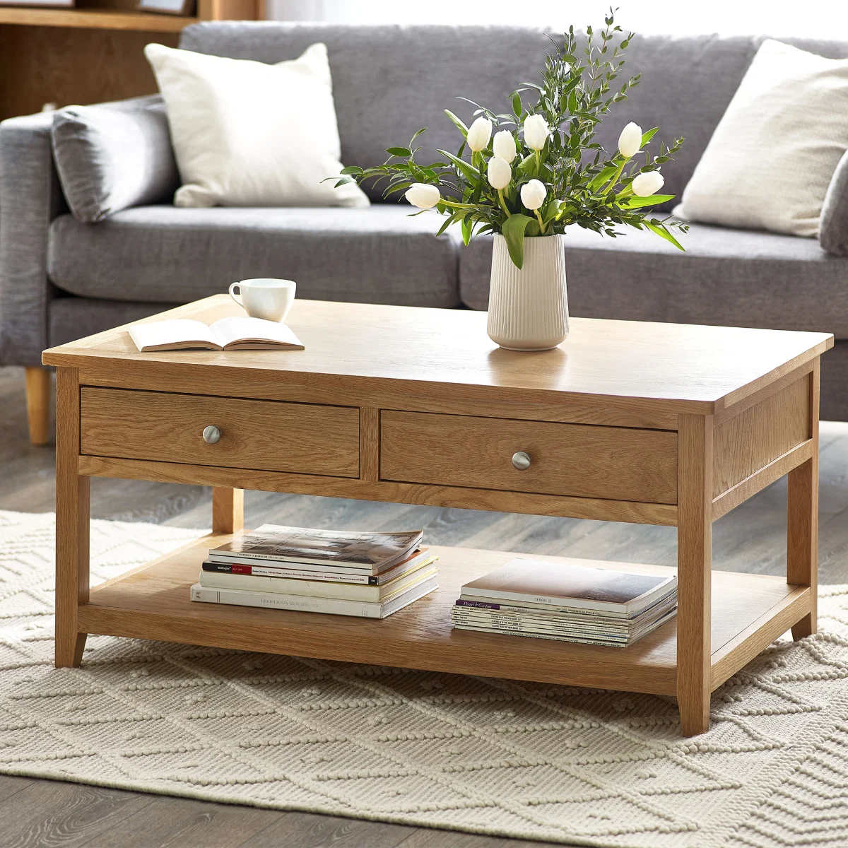 Mallory Solid Oak Coffee Table with 2 Drawers & Shelf – Wooden Living Room Coffee Table