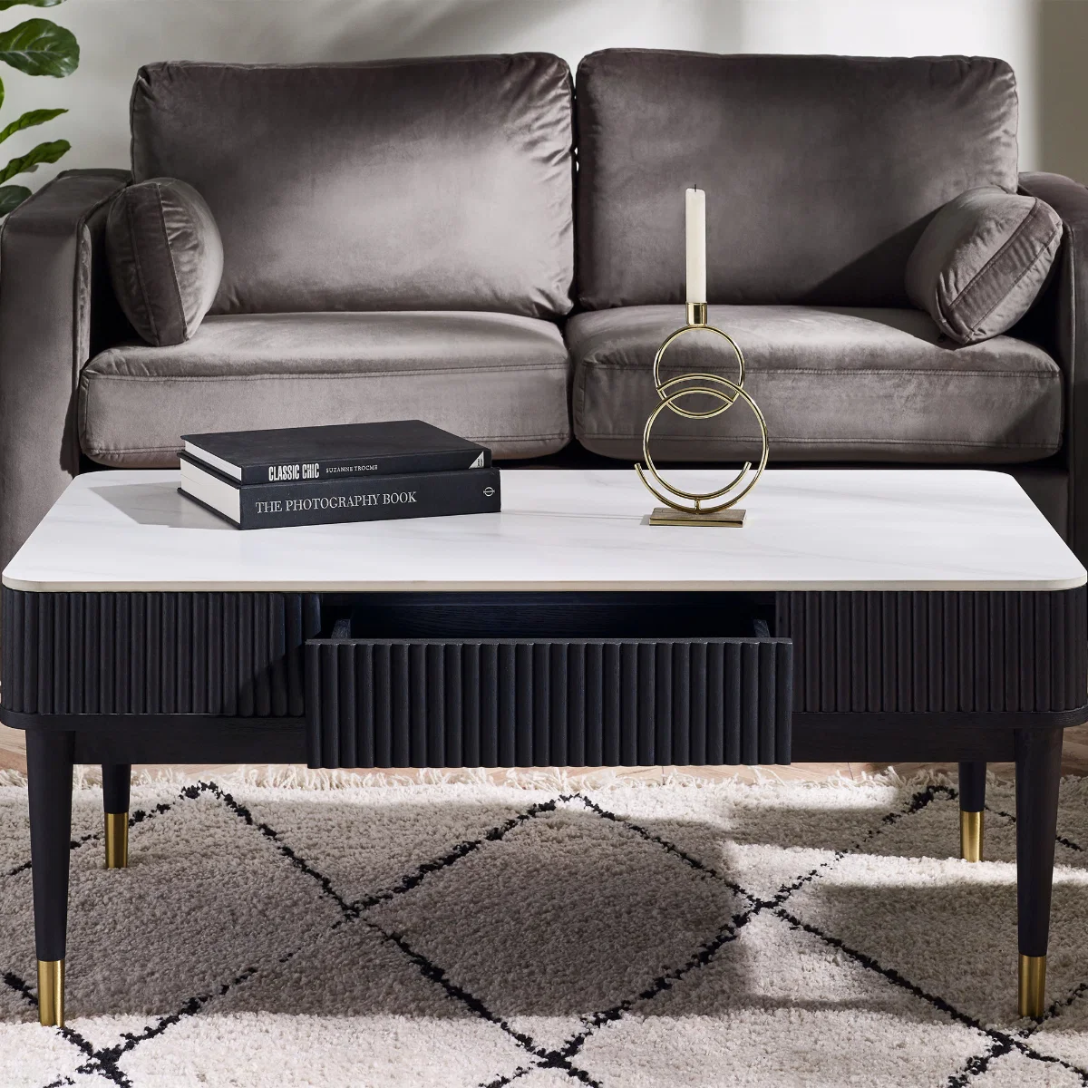 Louis Black Fluted Stone Top Coffee Table with 2 Drawers – Marble Effect Coffee Table