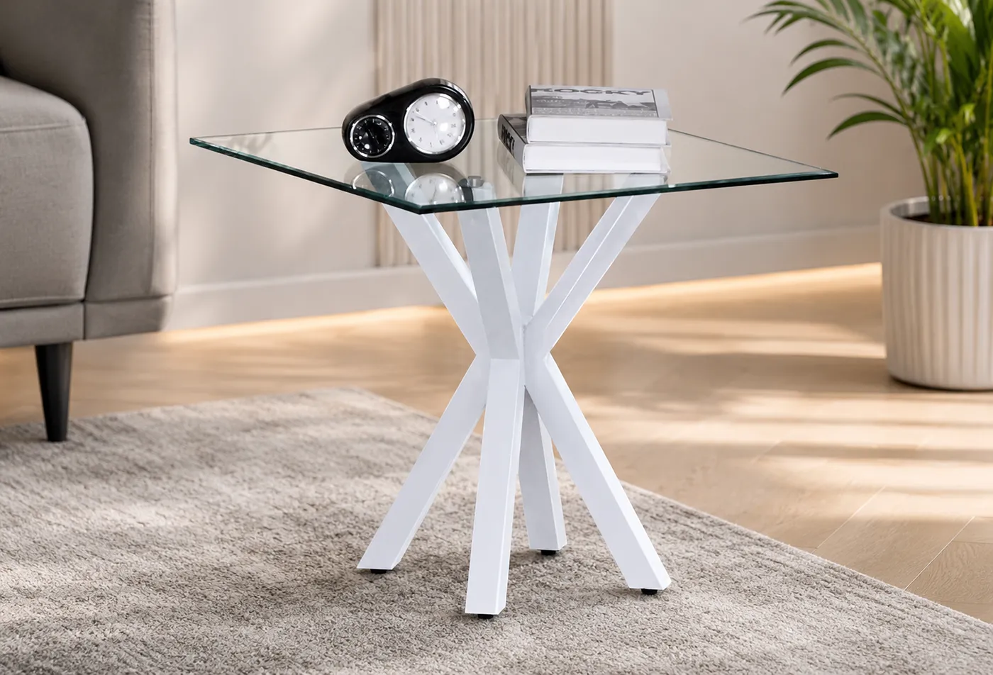 Langley High Gloss Side Table | Modern Lamp Table with Glass Top