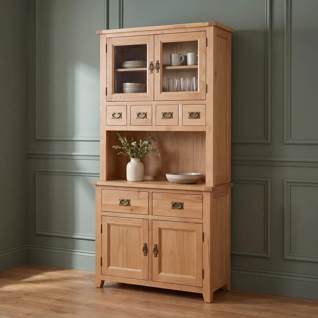 Stirling Solid Oak Hutch & Buffet Set – 2 Door Display Cabinet & Sideboard - Fully Assembled