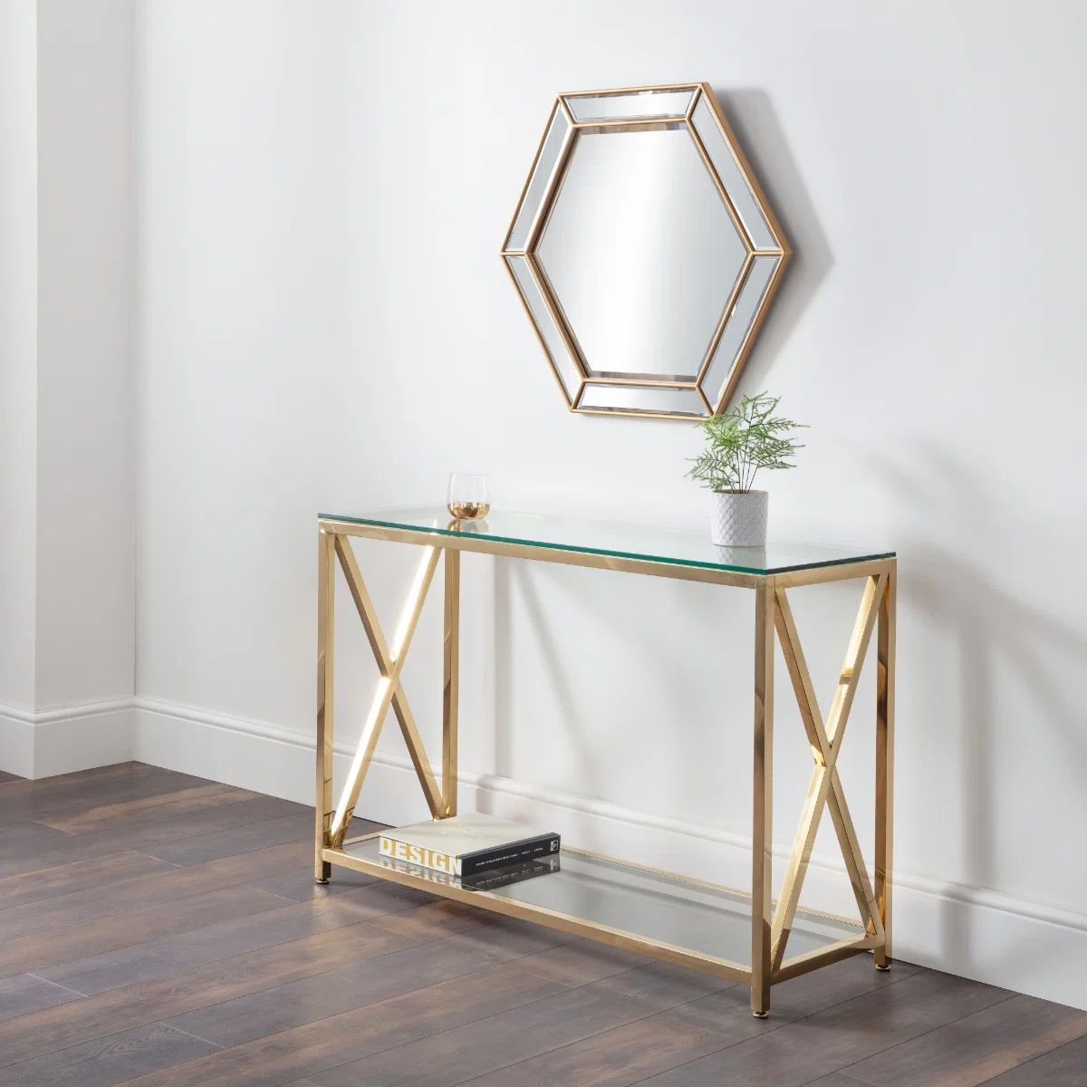 Miami Gold Glass Console Table with Stainless Steel Frame - 120cm