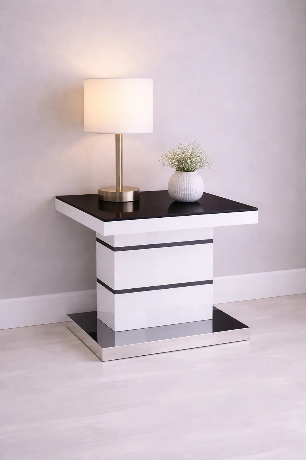 Aldridge High Gloss Side Table – White & Black Glass Lamp Table | Modern End Table