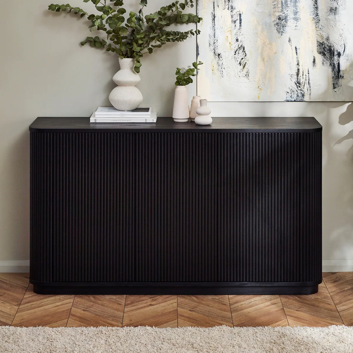 Louis Black Fluted Sideboard – Modern Storage Cabinet with 3 Doors