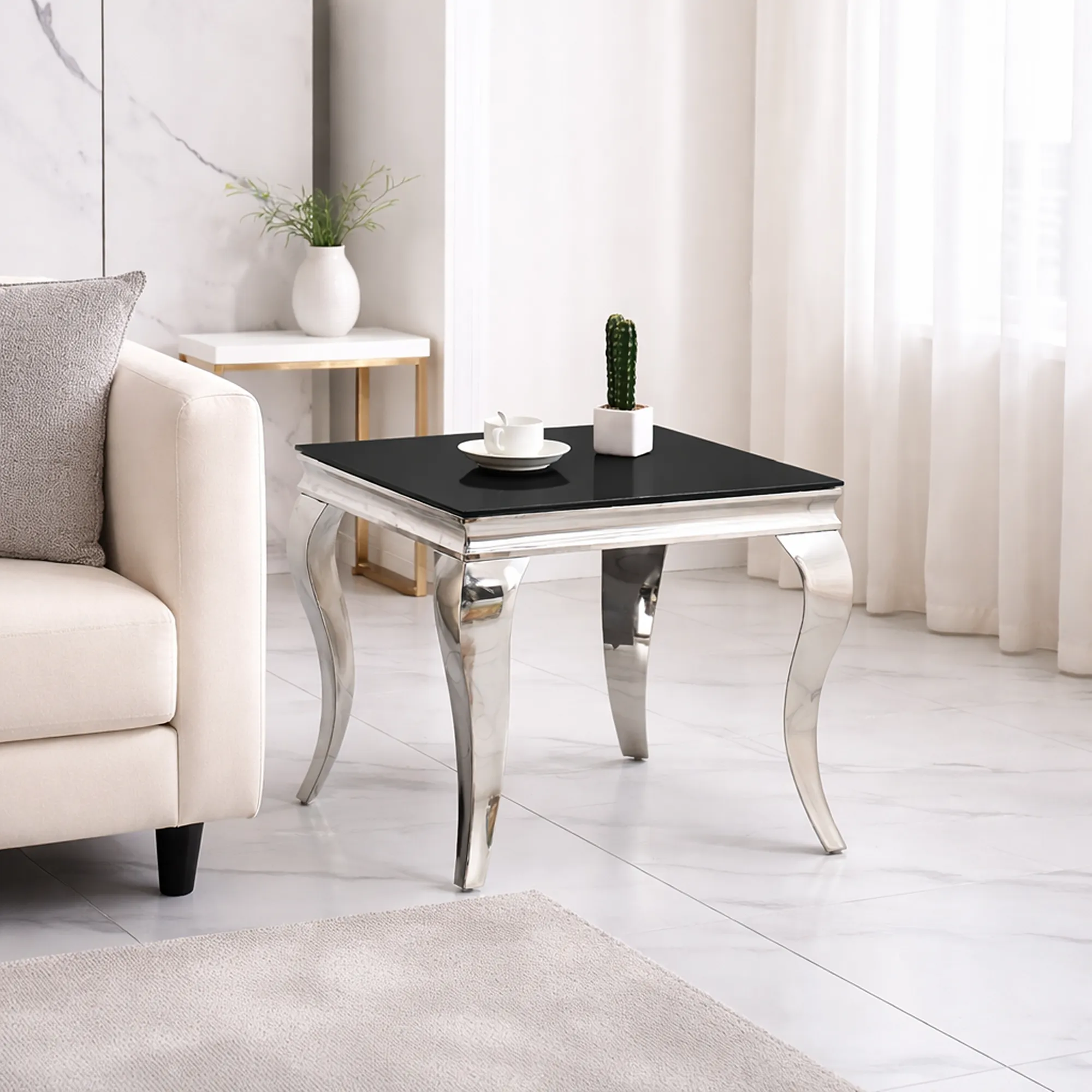 Atlanta Black Glass Side Table – Silver Stainless Steel Lamp Table