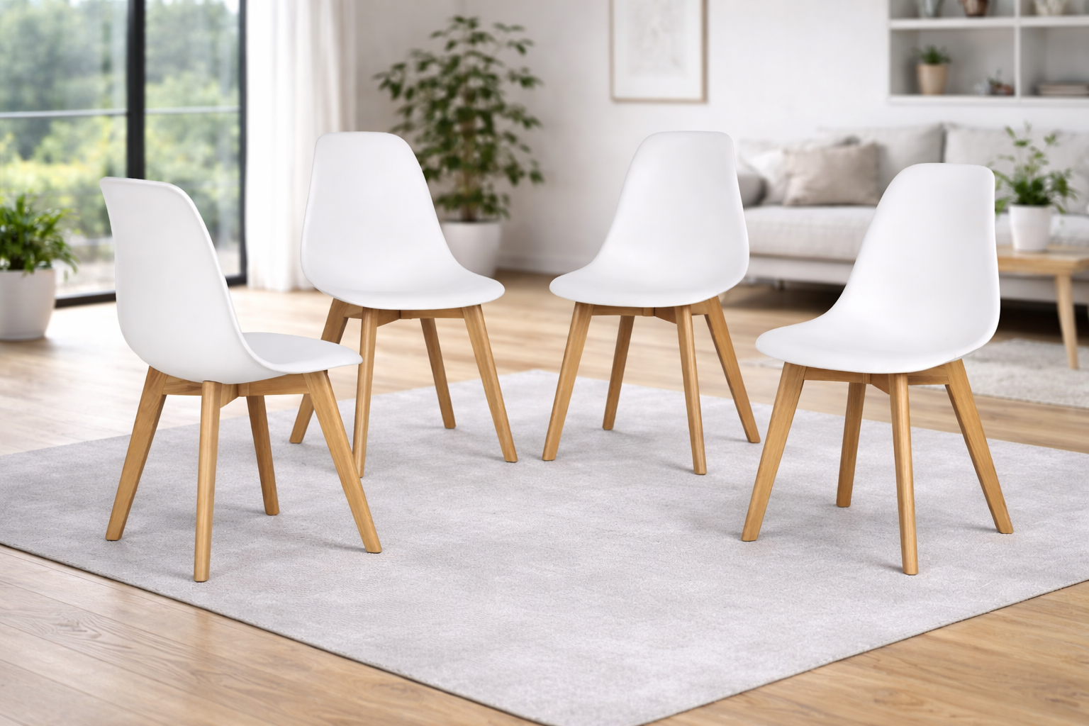 Belgium White Plastic Dining Chairs with Solid Beech Legs – Set of 4