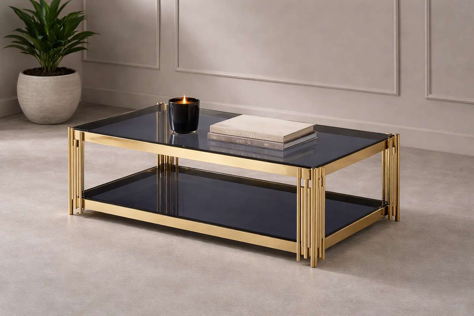 Cleveland Grey Glass Coffee Table – Gold Stainless Steel Modern Coffee Table