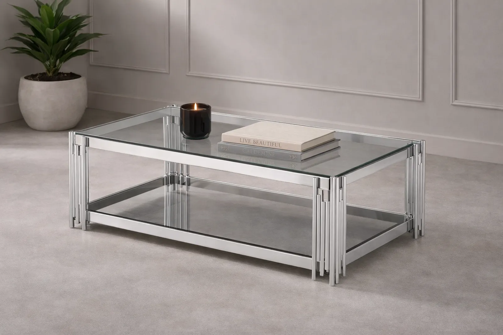 Cleveland Clear Glass Coffee Table – Silver Stainless Steel Modern Coffee Table