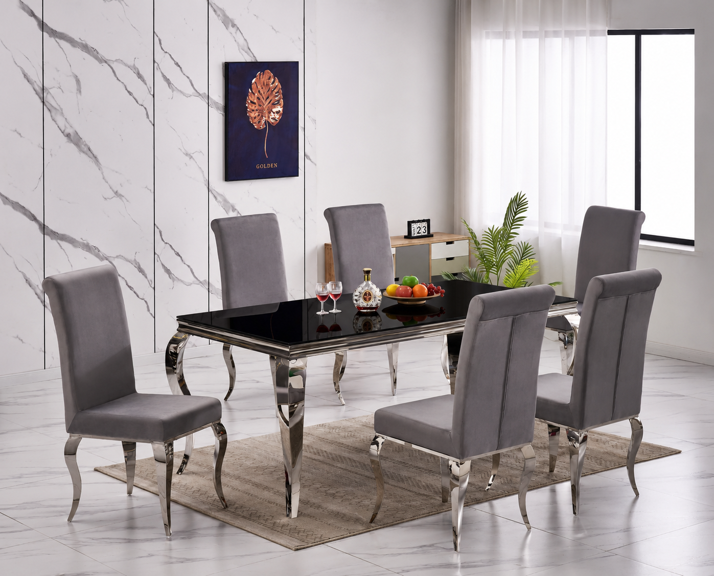 Atlanta 180cm Black Glass Dining Table - 6 Seater Glass Dining Table with Stainless Steel Legs