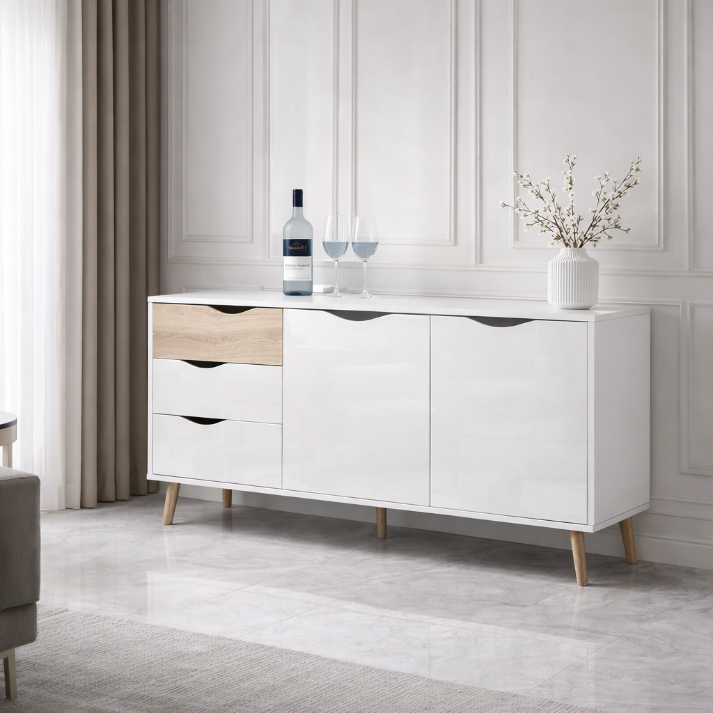 Mapleton White & Oak Large Sideboard Cabinet | 2 Door 3 Drawer Storage Unit