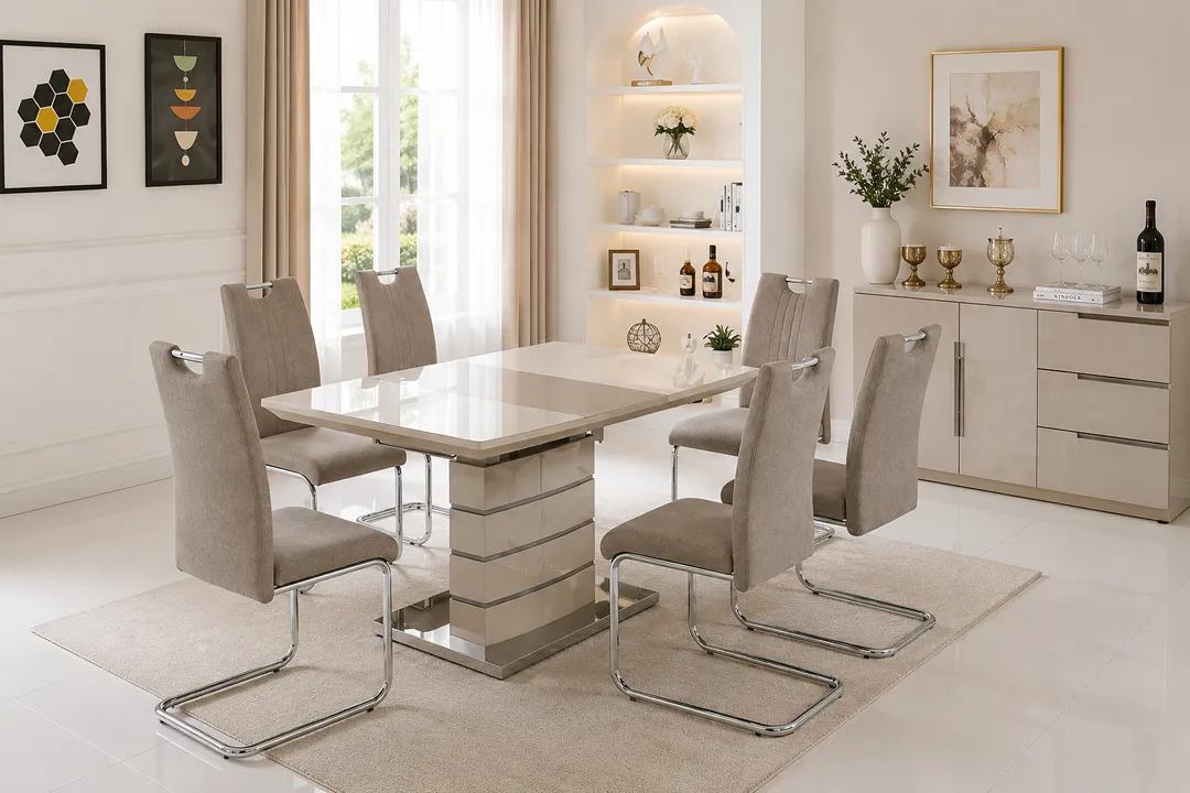 Knightsbridge High Gloss Extending Dining Table with 6 Taupe Fabric Chairs - 6 Seater Dining Set