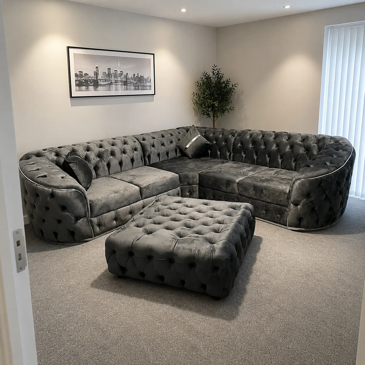 Toronto Grey Plush Velvet Chesterfield Corner Sofa Suite – L Shape Corner Sofa