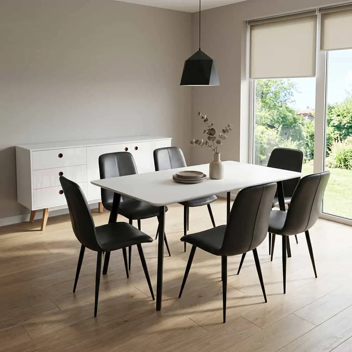 Belgium 150cm Large White Dining Table with Black Legs – Rectangular 4–6 Seater Kitchen Table