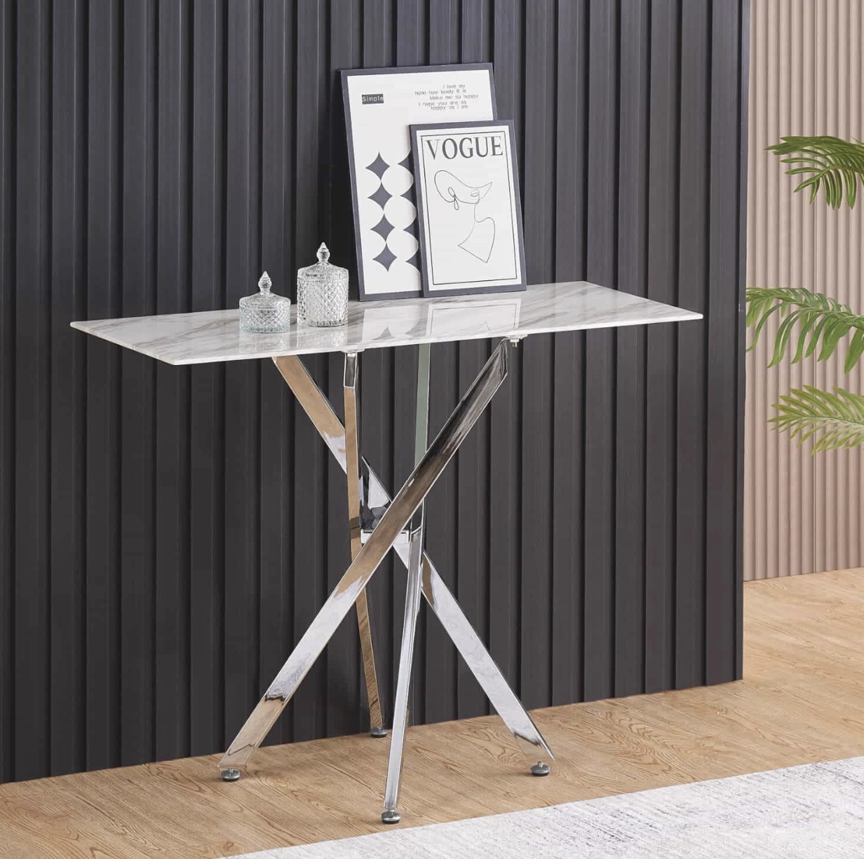 Scimitar Console Table – Marble Effect Glass & Silver Legs