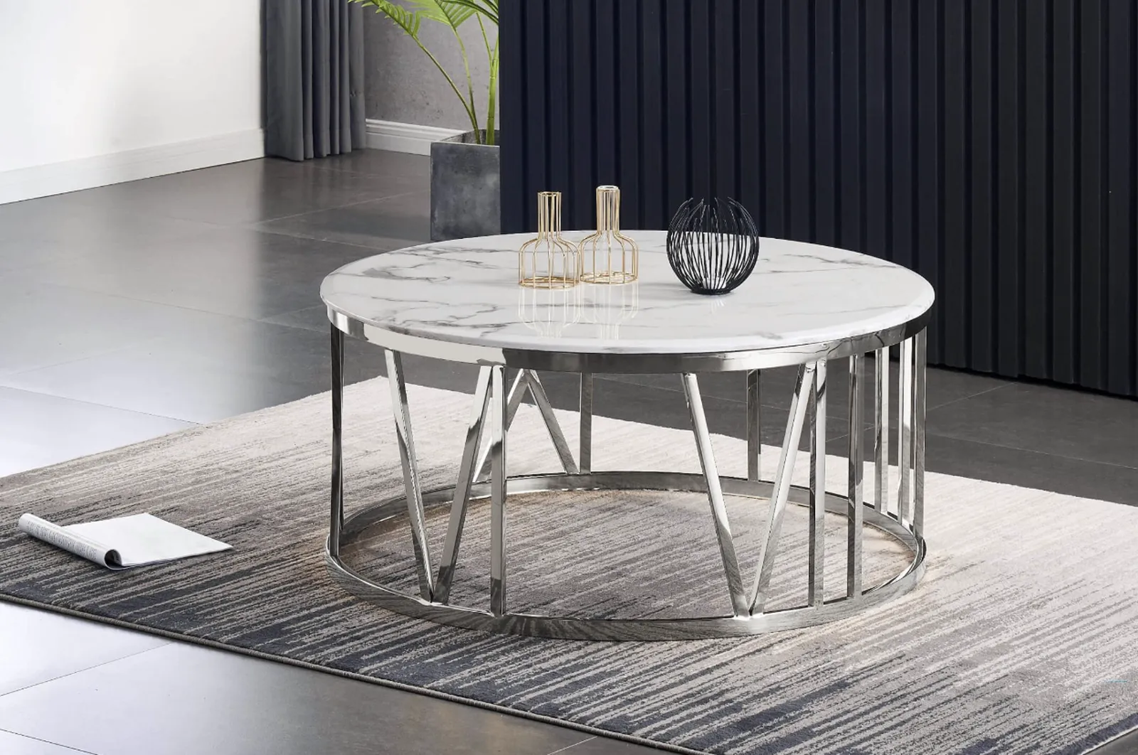 Bonita Round Marble Coffee Table – Ivory Artificial Marble & Silver Stainless Steel Coffee Table