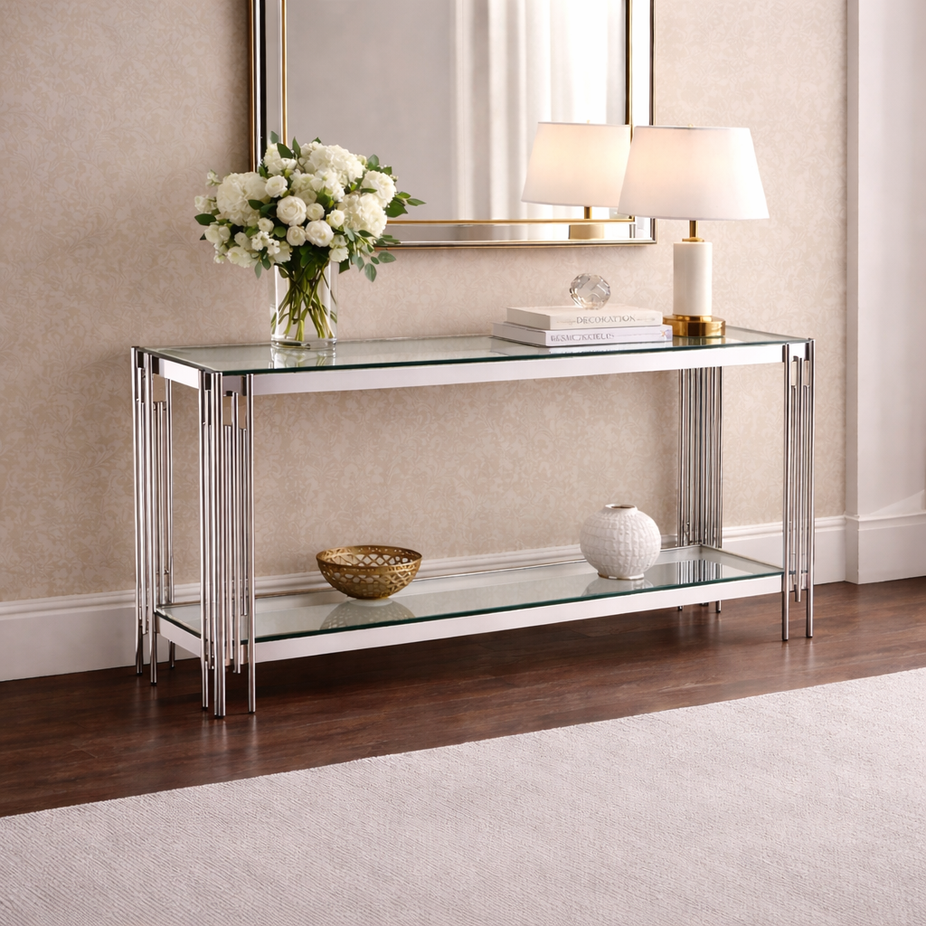 Cleveland Clear Glass Console Table – Silver Stainless Steel Hallway Table