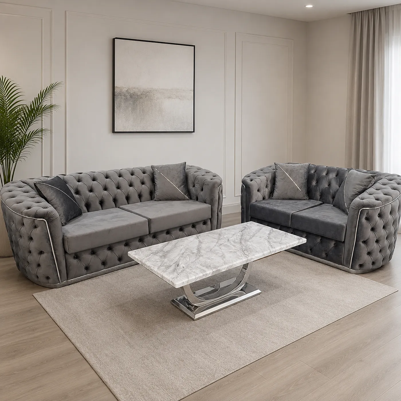 Toronto Grey Plush Velvet Chesterfield Sofa Suite – 3 Seater + 2 Seater