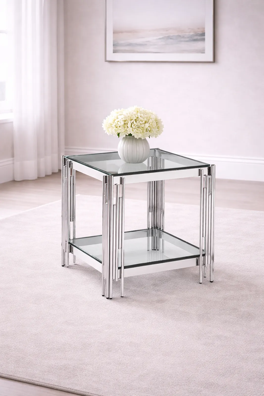 Cleveland Clear Glass Side Table – Silver Stainless Steel Lamp Table