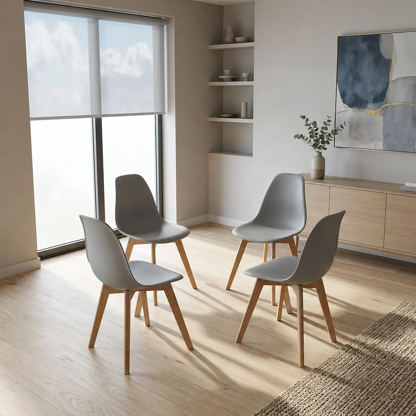 Belgium Grey Plastic Dining Chairs with Solid Beech Legs – Set of 4