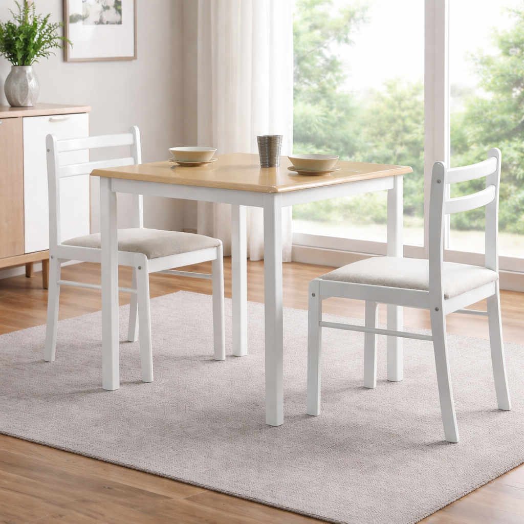 Dinnite Square Dining Set with 2 Chairs - White & Natural 2 Seater Wooden Dining Set