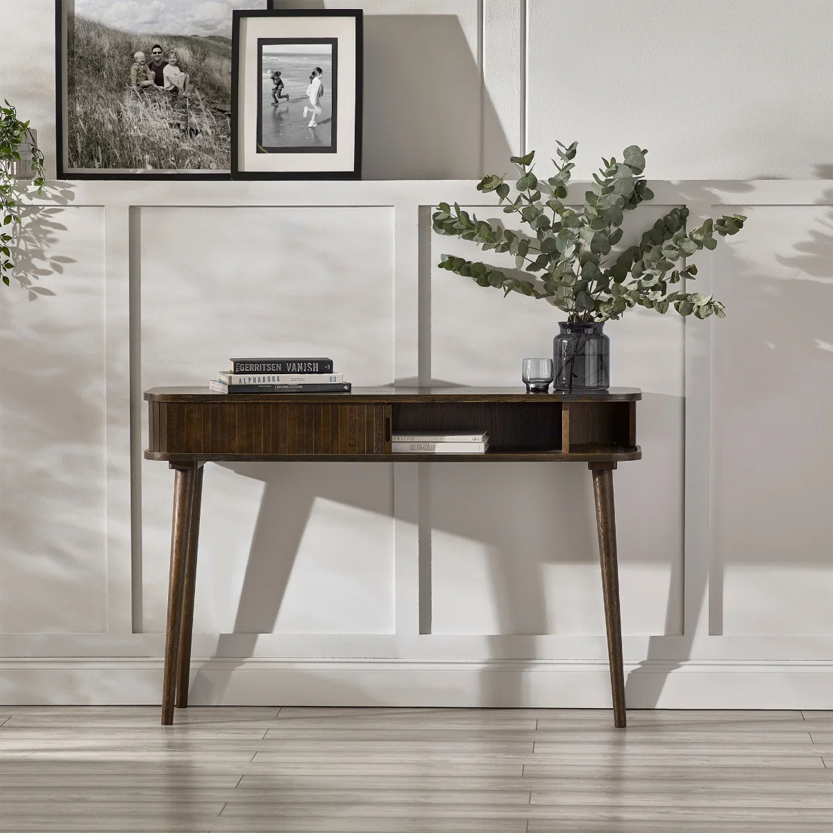 Julian Bowen Arya Console Table – Dark Oak Effect Hall Table with Sliding Tambour Door