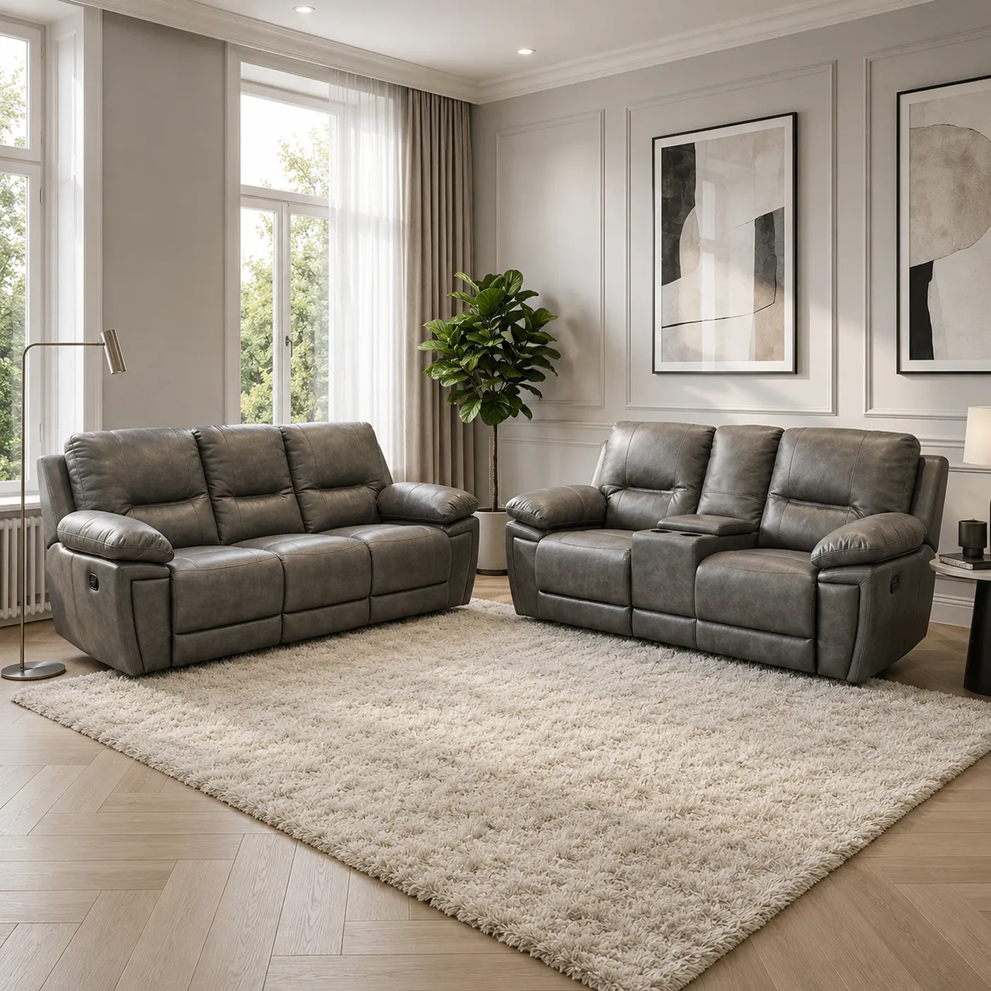 Sara Grey Electric Recliner Sofa Suite 3+2 – Tech Leather Recliner Sofa Set with USB Ports, LED Lights & Cup Holders