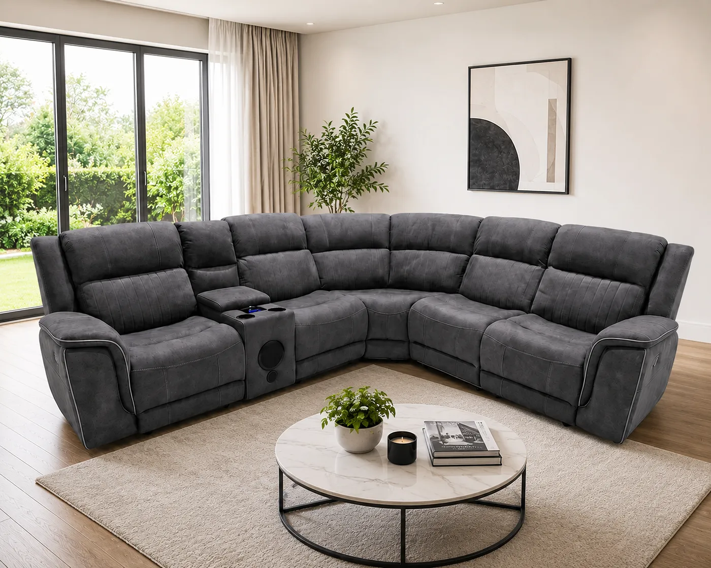 Hannah Entertainment Electric Micro Fibre Fabric Corner Recliner Sofa – Grey L Shape Sofa with Bluetooth Speakers
