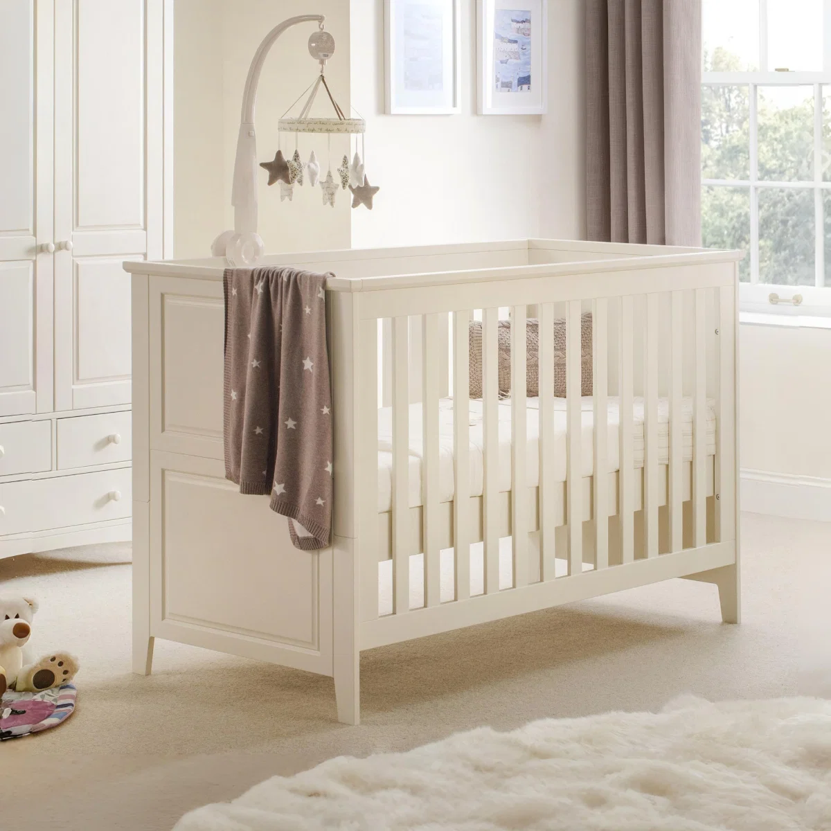 Cameo Stone White Cot Bed | Convertible Baby Cot & Toddler Bed