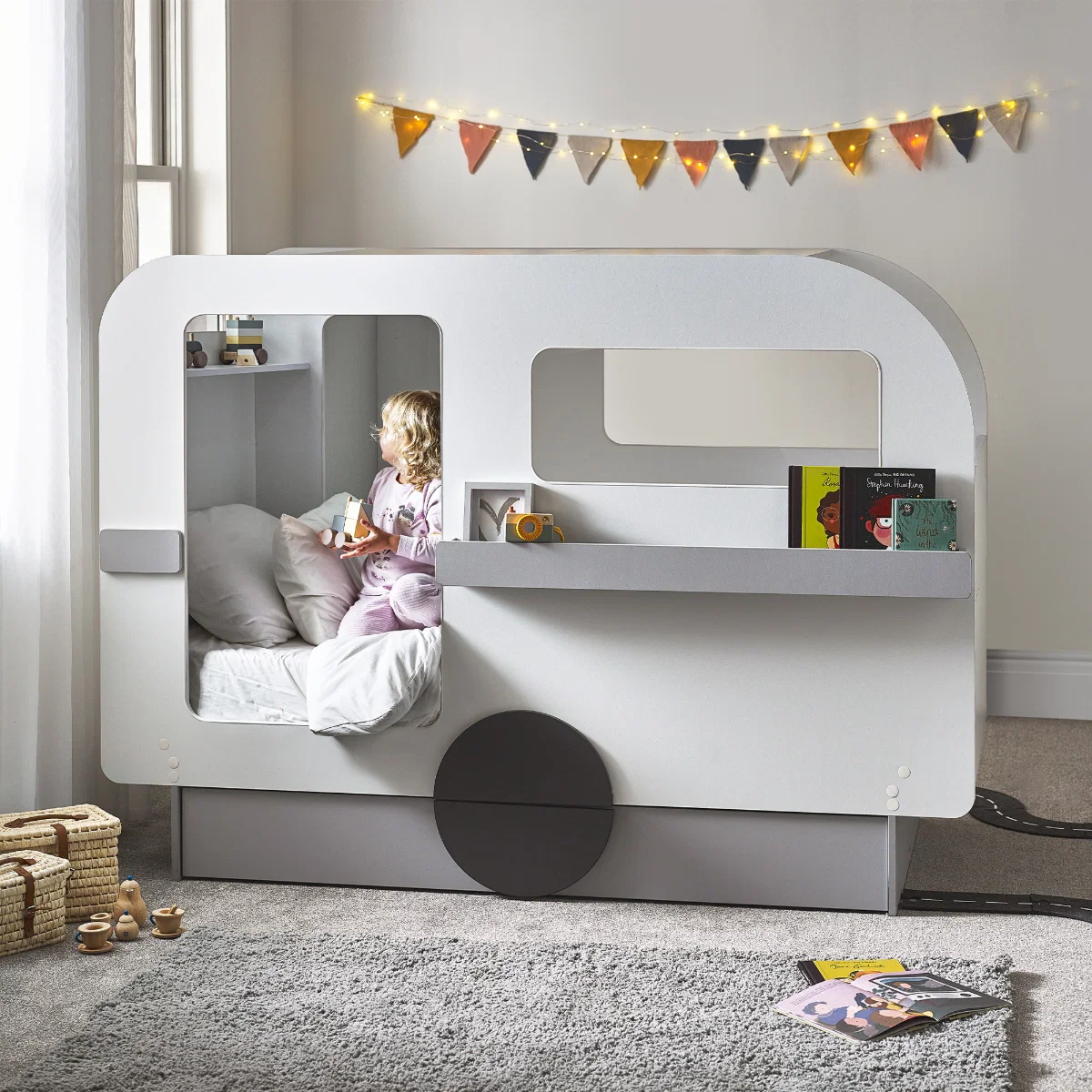 Tourer Children's Caravan Cabin Bed – White & Vapour Grey