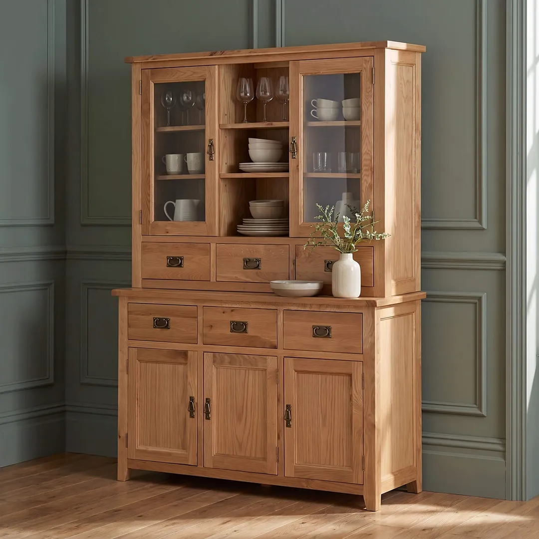 Stirling Large Oak Hutch & Buffet Set – 3 Door Display Cabinet & Sideboard – Fully Assembled