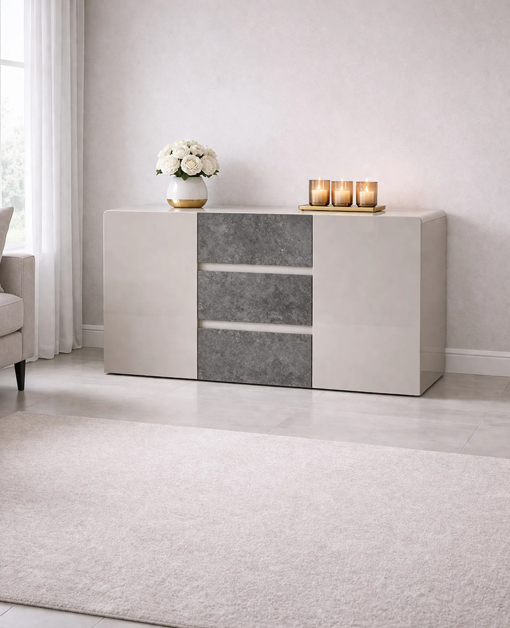Belarus High Gloss Sideboard – Cream & Stone