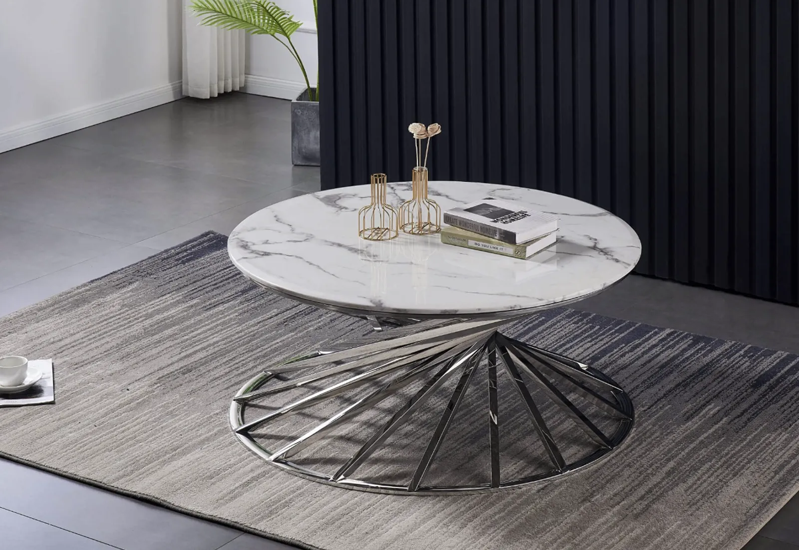 Axon Round Marble Coffee Table – Ivory Marble Effect & Silver Stainless Steel Coffee Table