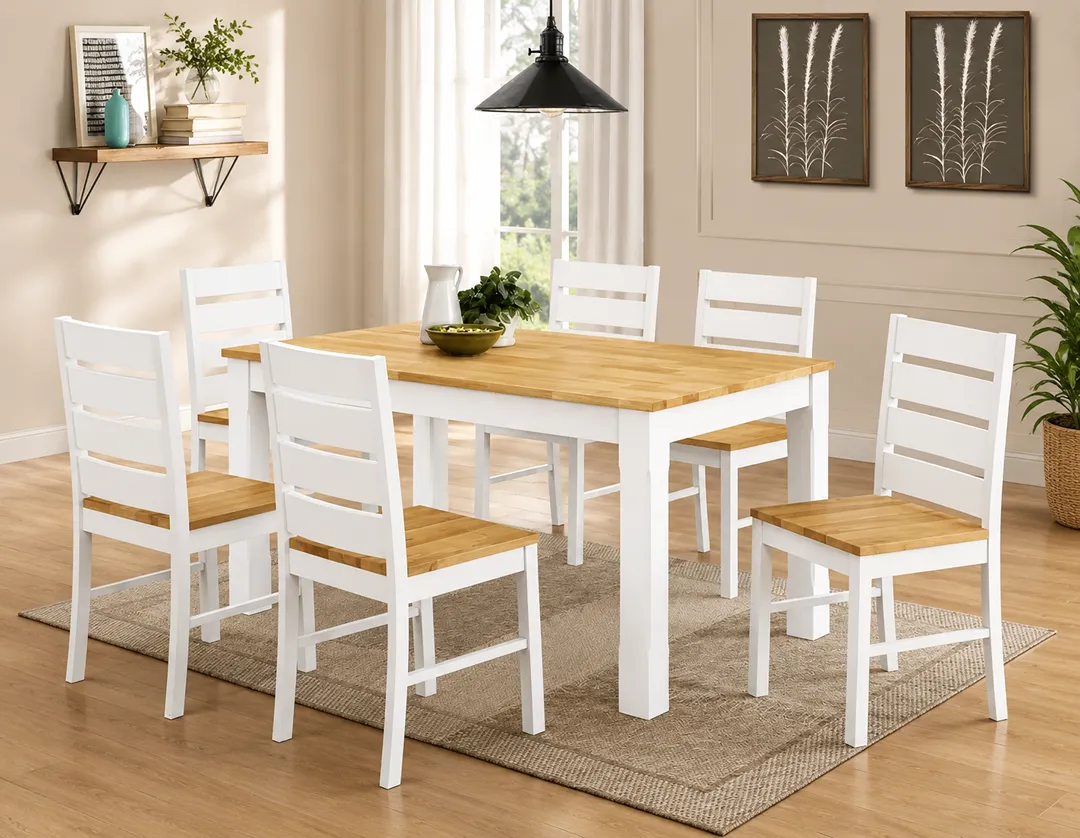 Fairmont White Dining Set with 6 Chairs - Natural Wooden Seats 6 Seater Solid Rubberwood Dining Set