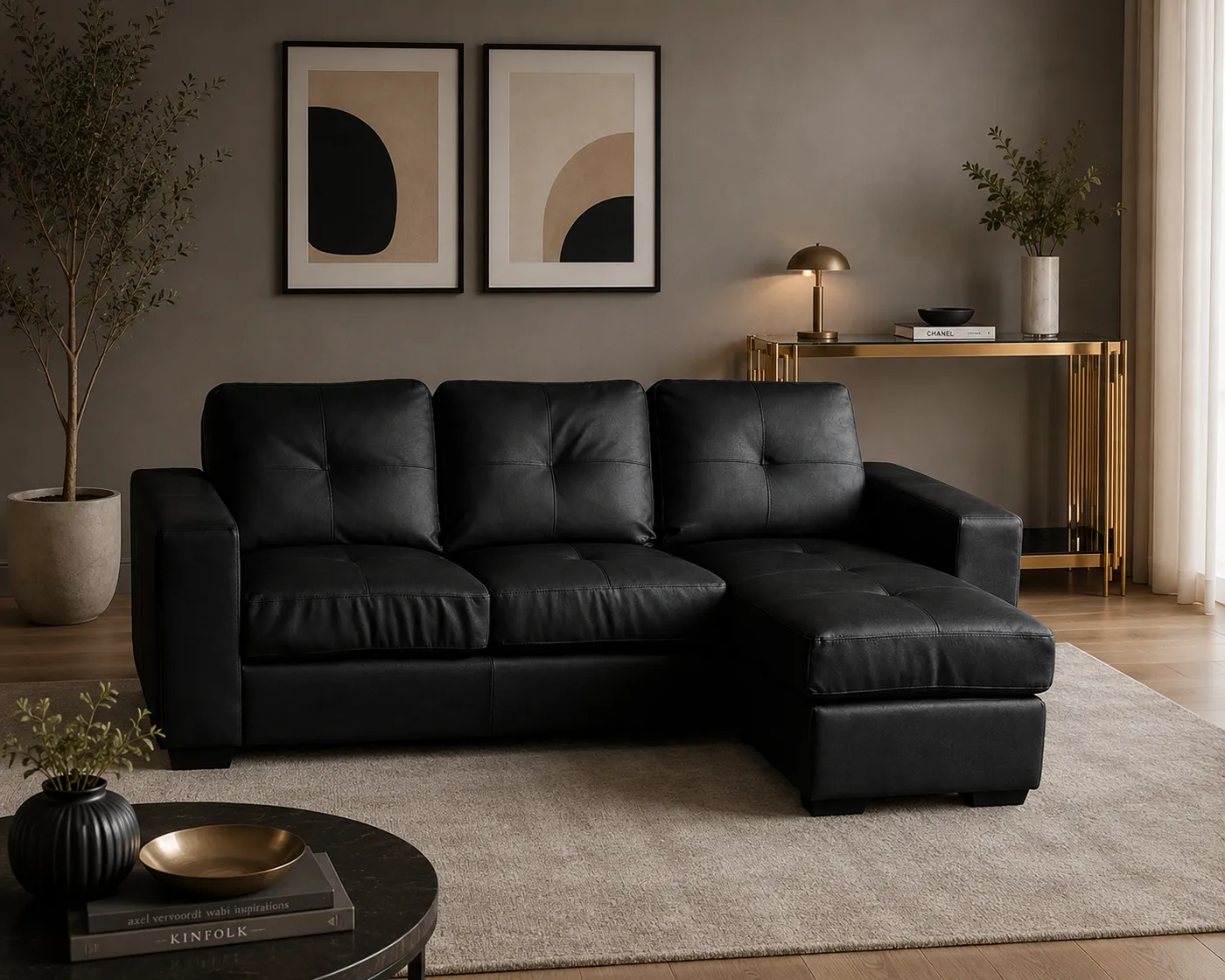 Diego Bonded Leather Corner Sofa – Reversible Chaise Sofa – Black
