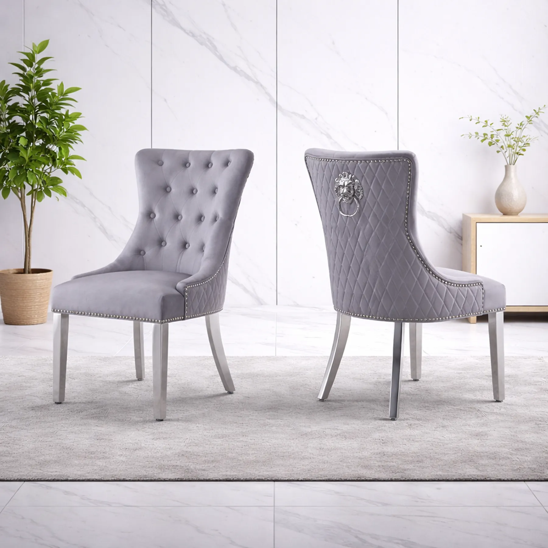 Plato Grey Velvet Dining Chairs with Lion Head Knocker & Stainless Steel Legs – Sets of 2, 4 or 6