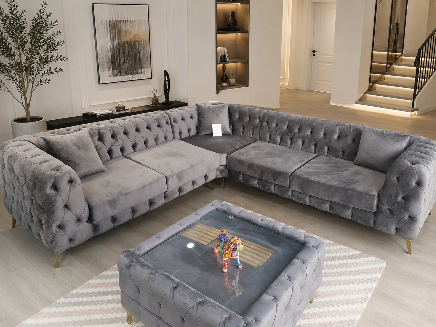 Cleveland Chesterfield Grey Plush Velvet Corner Sofa