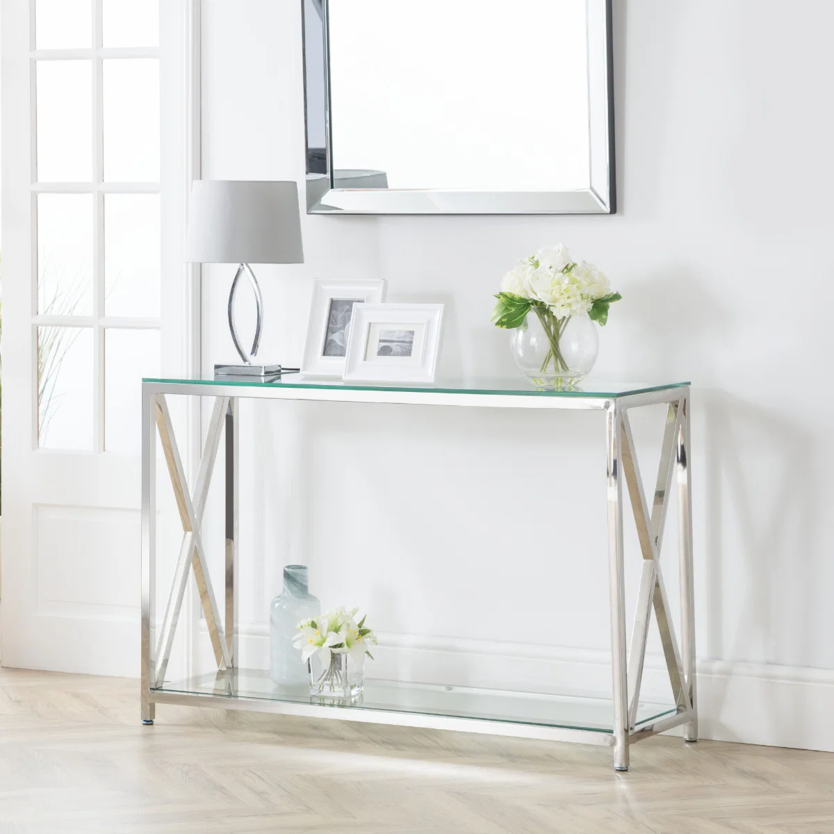 Miami Silver Glass Console Table with Stainless Steel Frame - 120cm