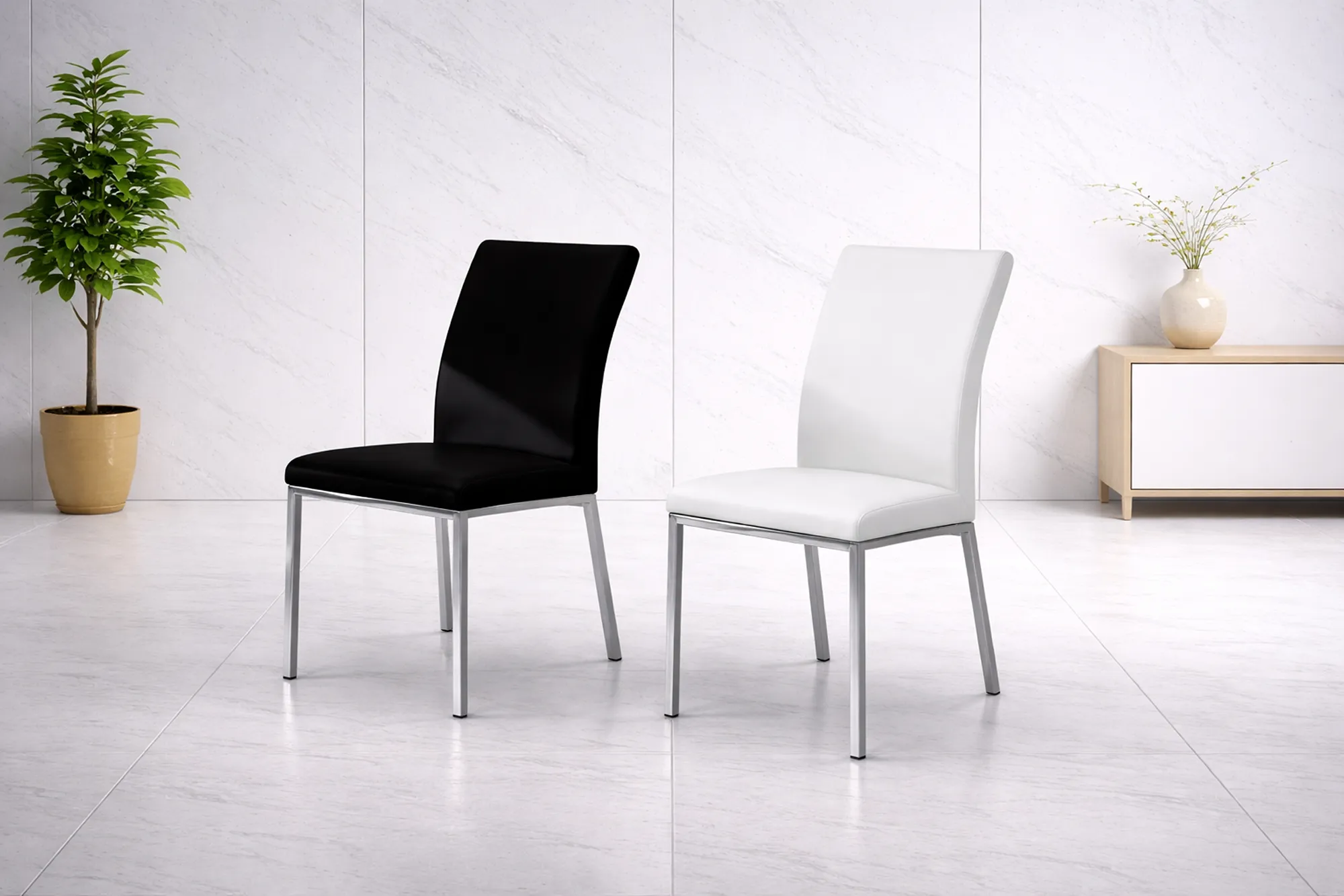Peru PU Dining Chairs with Chrome Legs – Set of 4, Black & White
