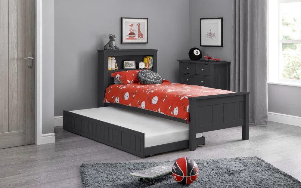 Maine Antrhacite Bookcase Bed with Pull-Out Trundle | Wooden Single Guest Bed with Bookcase Headboard