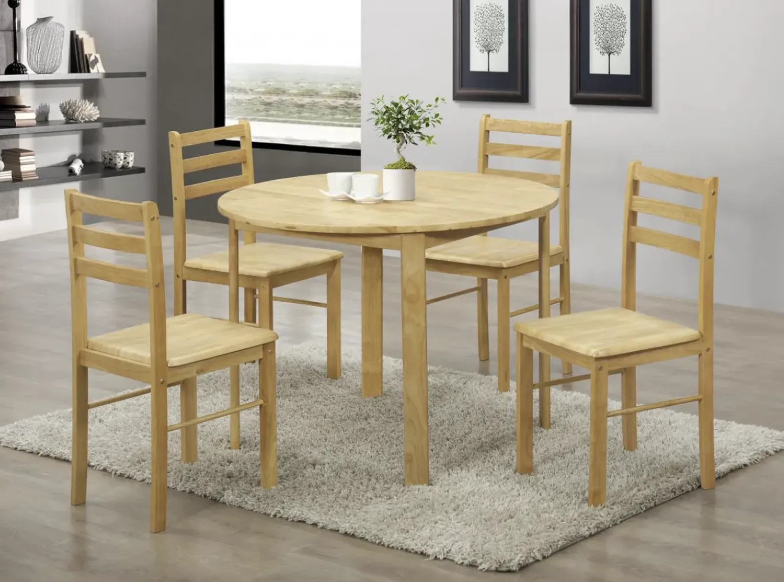 New York Round Solid Rubberwood Dining Table & 4 Chairs Set - Natural Oak Finish Dining Set